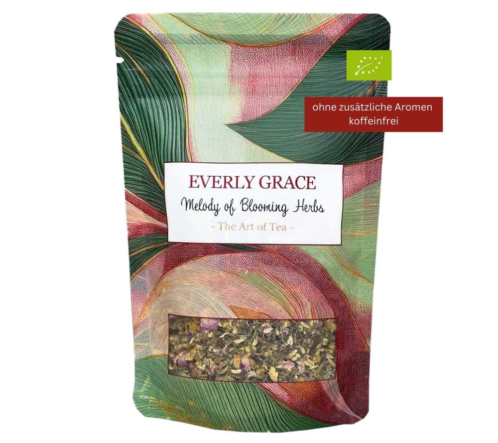 Everly Grace Melody of Blooming Herbs Tee kaufen | koffeinfreier Bio-Tee ohne Aromen | Kräutertee mit Kamille und Rose | Eine verführerische Teemischung für luxuriöse Genussmomente!