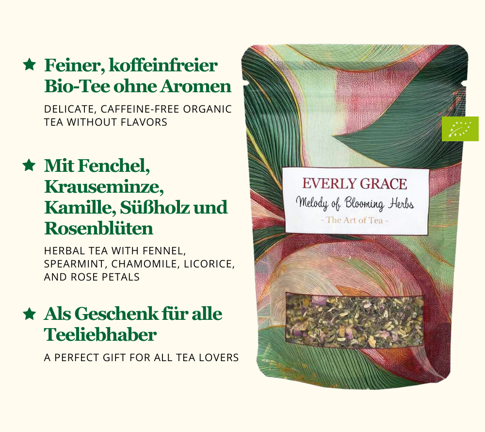 Everly Grace Melody of Blooming Herbs Tee kaufen | koffeinfreier Bio-Tee ohne Aromen | Kräutertee mit Kamille und Rose | Eine verführerische Teemischung für luxuriöse Genussmomente!