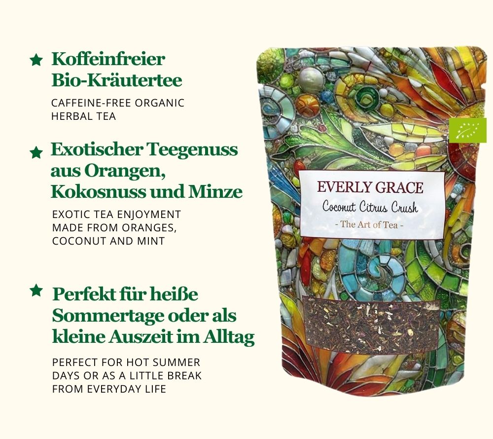 
                  
                    Everly Grace Coconut Citrus Crush Tee kaufen | koffeinfreier Bio-Tee ohne Aromen |Kräutertee mit intensivem Geschmack | Eine verfühtung in eine tropische Oase
                  
                