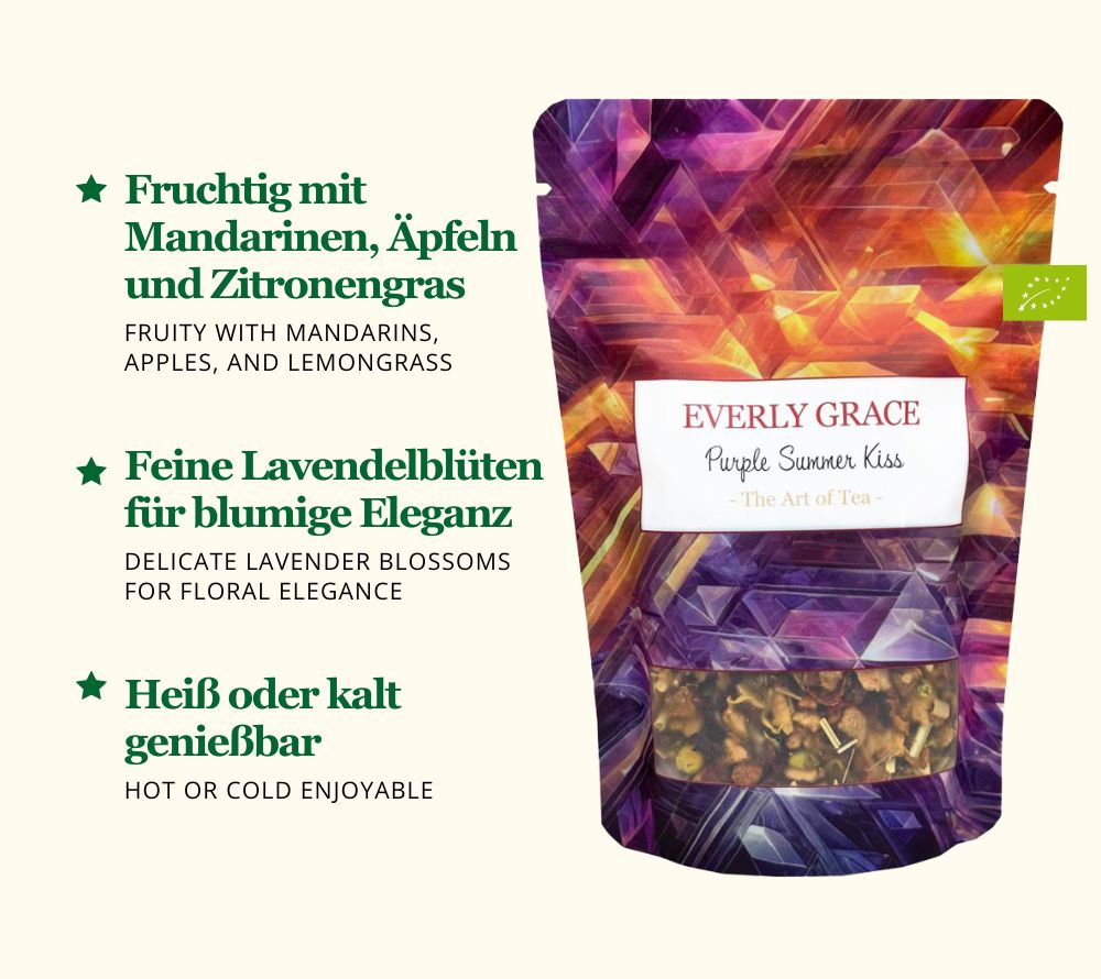 Everly Grace Purple Summer Kiss Tee kaufen | koffeinfreier Bio-Kräutertee | Früchtetee mit intensivem Geschmack | Heiß und kalt ein magisches Sommererlebnis