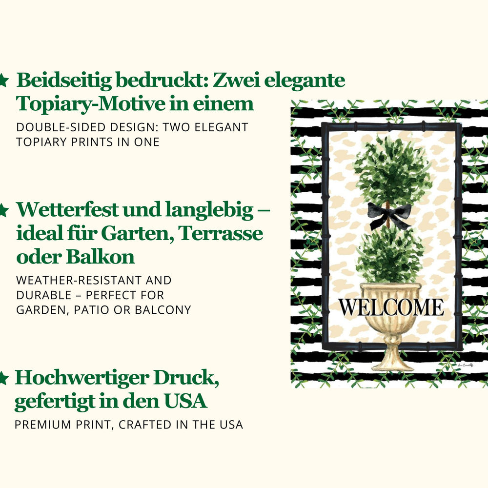 
                  
                    Gartenfahne Double Topiary ☆ Stilvolle Buchsbäume mit schwarzer Schleife ☆ Eleganter Landhaus-Flair für Garten & Balkon ☆ Jetzt entdecken!
                  
                