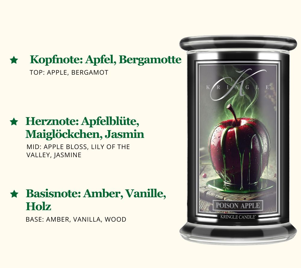 
                  
                    Poison Apple Duftkerze ☆ Kopfnote: Apfel, Bergamotte ☆ Herznote: Apfelblüte, Maiglöckchen, Jasmin ☆ Basisnote: Amber, Vanille, Holz ☆ Jetzt entdecken!
                  
                