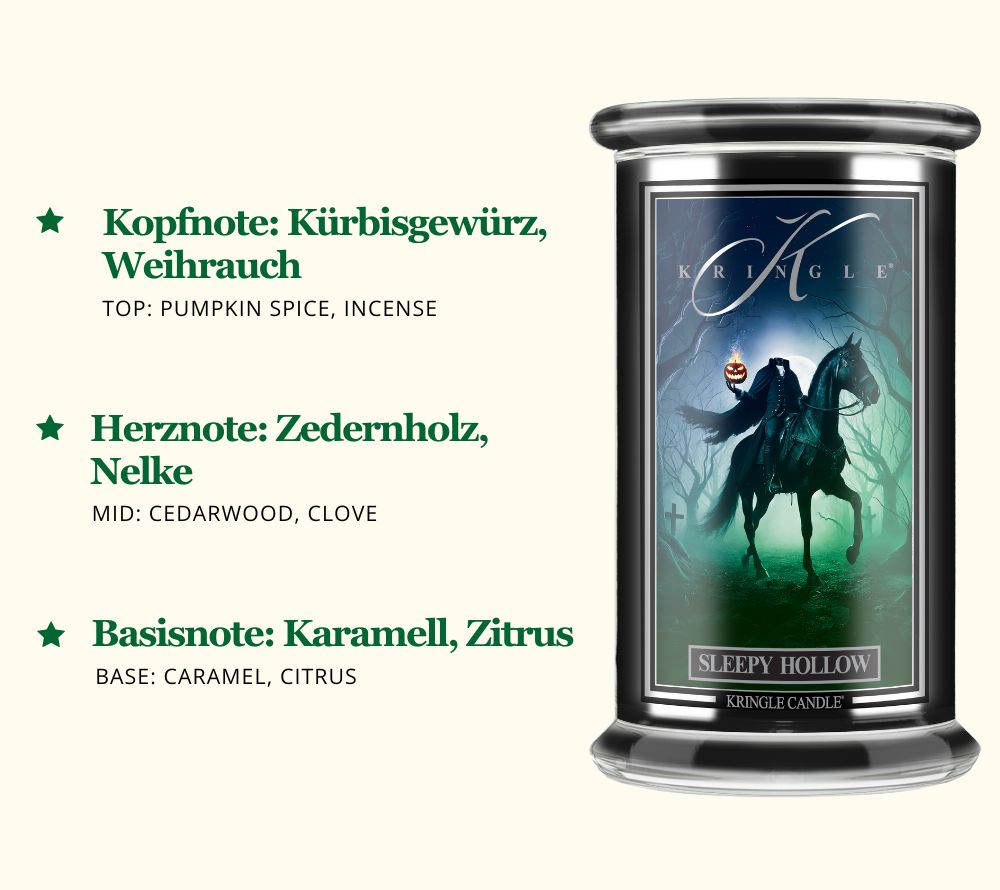 
                  
                    Sleepy Hollow Duftkerze ☆ Kopfnote: Kürbisgewürz, Weihrauch ☆ Herznote: Zedernholz, Nelke ☆ Basisnote: Karamell, Zitrus ☆ Europaweiter Versand ☆  Jetzt bestellen!
                  
                