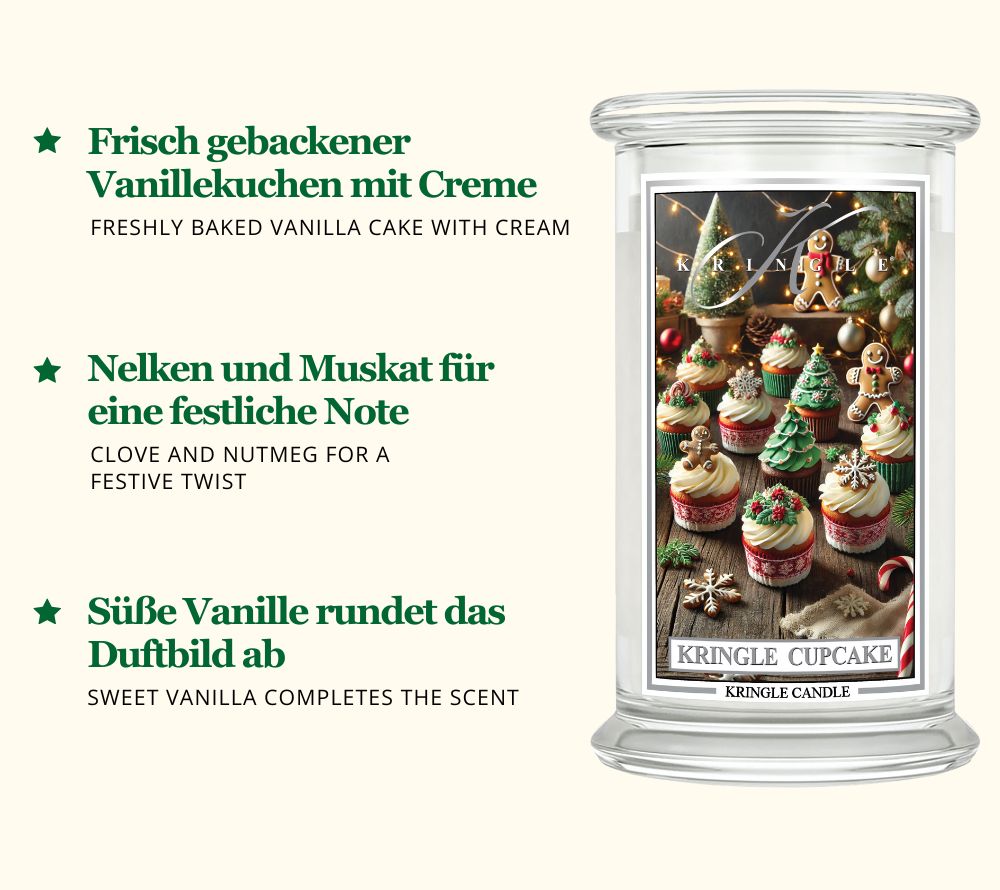 
                  
                    Kringle Cupcake Duftkerze ☆ Kopfnote: Vanille, Kuchen ☆ Herznote: Creme, Gewürz ☆ Basisnote: Vanille, süß ☆ Europaweiter Versand ☆ Jetzt entdecken!
                  
                