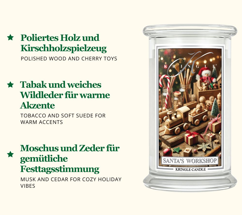 Santa’s Workshop Duftkerze ☆ Kopfnote: Holz, Kirsche ☆ Herznote: Tabak, Wildleder ☆ Basisnote: Moschus, Zeder ☆ Europaweiter Versand ☆ Jetzt bestellen!