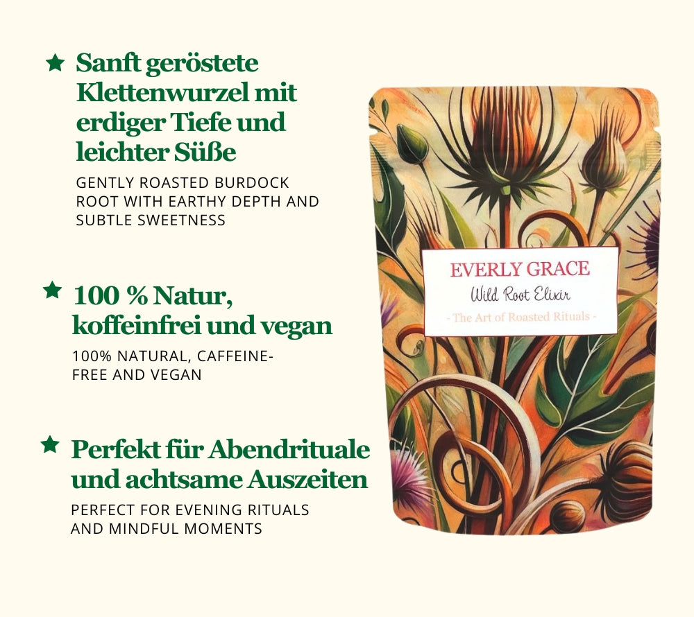 Wild Root Elixir von Everly Grace kaufen ☆ Naturkaffee aus Klettenwurzel ☆ Koffeinfrei ☆ Mehr Sorten ☆ Jetzt probieren!