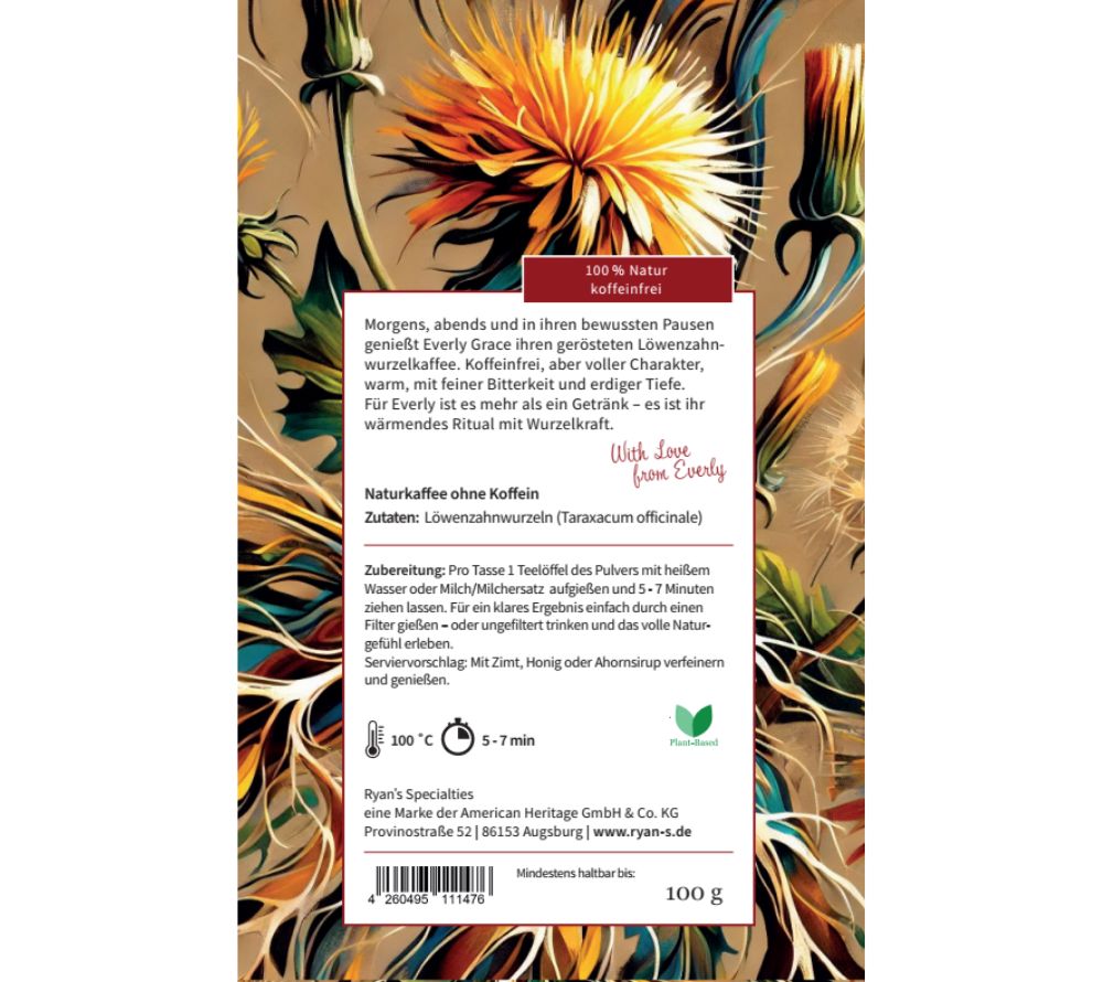 
                  
                    Sacred Dandelion Roots Rooted Ritual von Everly Grace kaufen ☆ Naturkaffee aus Löwenzahnwurzel ☆ Koffeinfrei ☆ Jetzt probieren!
                  
                