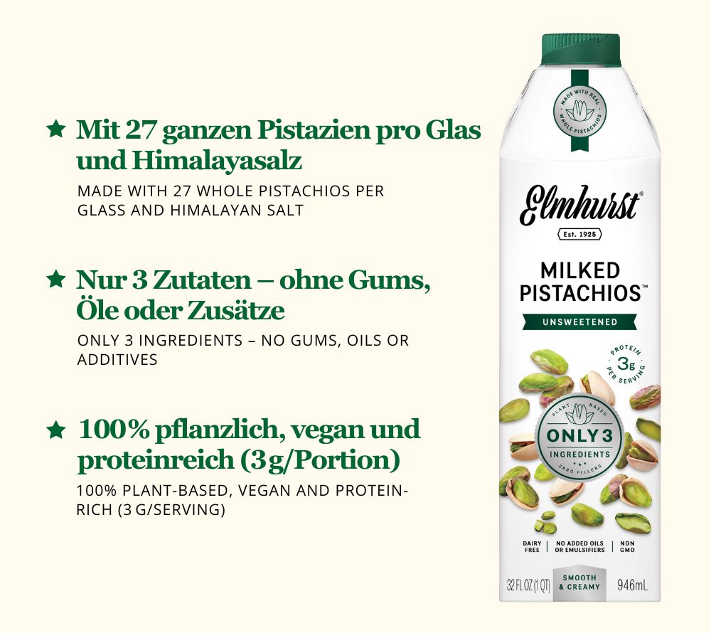 Nicht gesüßte Pistazienmilch von Elmhurst ☆  Aus ganzen Pistazien ☆ Nur 3 Zutaten, 0 Zusätze ☆ 3 g pflanzliches Protein pro Portion ☆ Jetzt bestellen! 