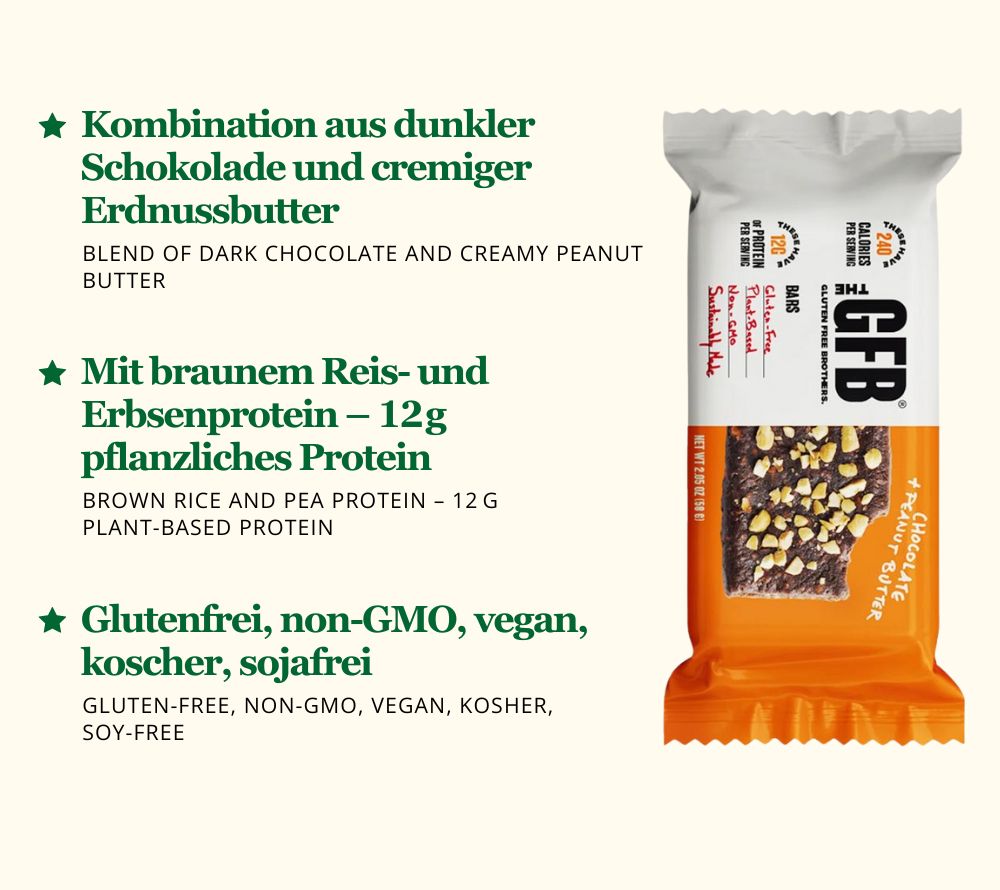 Variety Pack mit 12 Riegeln von The Gluten Free Brothers – 6 Peanut Butter & 6 Chocolate Peanut Butter Bars. Glutenfrei, vegan & proteinreich.