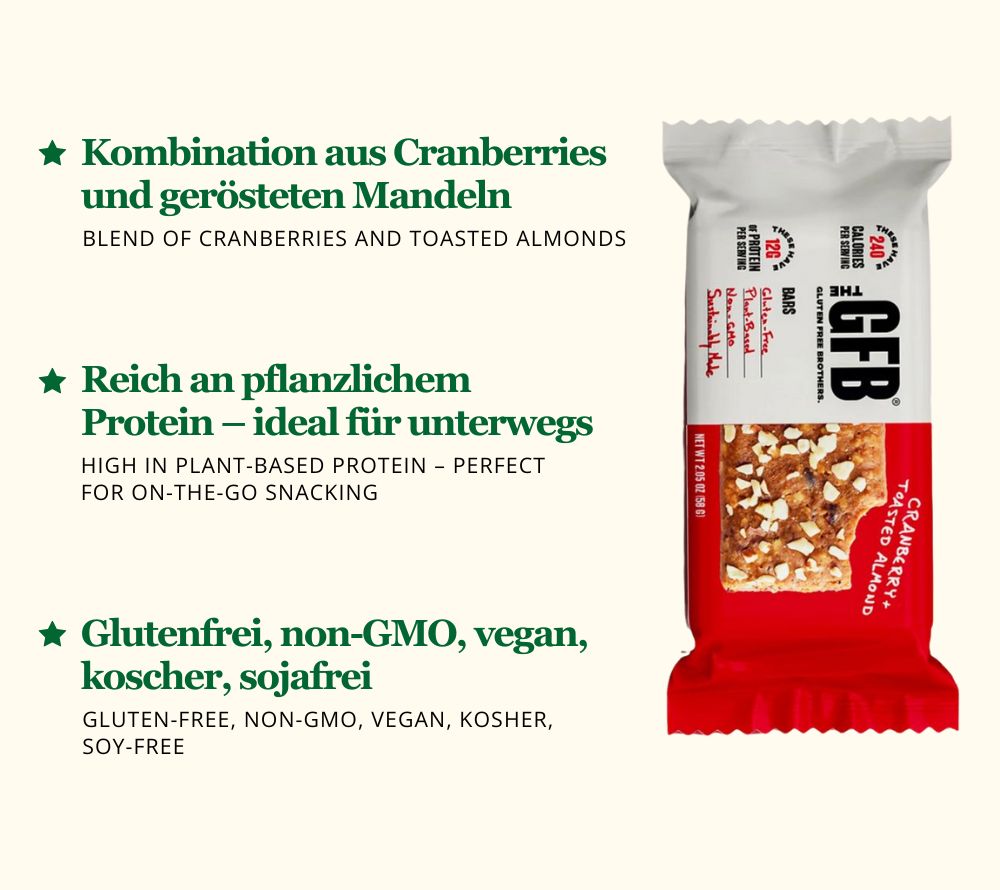 
                  
                    Cranberry Toasted Almond Bars von The Gluten Free Brothers bei American Heritage – vegan, glutenfrei & proteinreich. Fruchtig-nussiger Snackgenuss.
                  
                