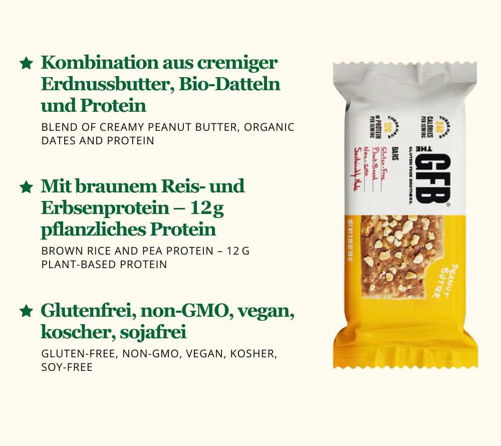 
                  
                    Variety Pack mit 12 Riegeln von The Gluten Free Brothers – 6 Peanut Butter & 6 Chocolate Peanut Butter Bars. Glutenfrei, vegan & proteinreich.
                  
                