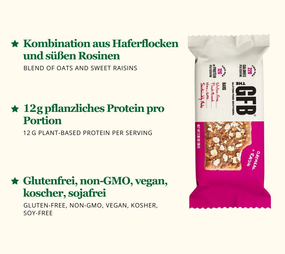 Oatmeal Raisin Bar von The Gluten Free Brothers bei American Heritage – vegan, glutenfrei & proteinreich. Hafer, Rosinen & Nostalgie in jedem Biss.