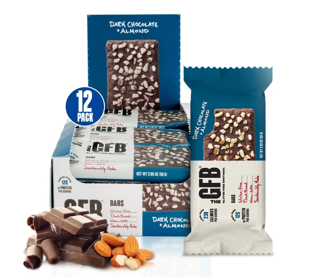 Dark Chocolate Almond Bar von The Gluten Free Brothers bei American Heritage – vegan, proteinreich & glutenfrei. Genuss wie Brownie, gesund verpackt.