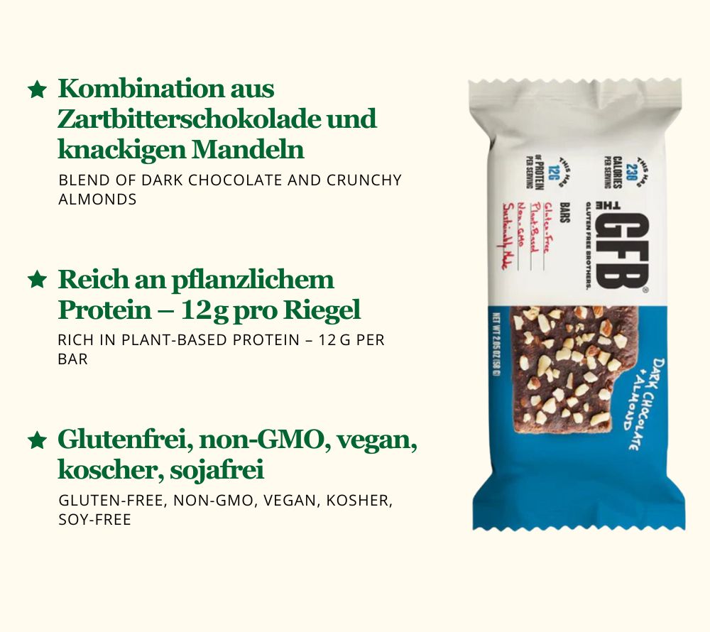 GFB Variety Pack mit 10 Riegeln in fünf Sorten: Oatmeal Raisin, Peanut Butter, Dark Chocolate Peanut Butter, Cranberry Almond und Dark Chocolate Almond. Natürlich, proteinreich und ideal für unterwegs.