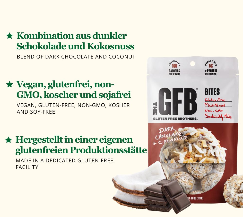 Dark Chocolate Coconut Bites von The Gluten Free Brothers bei American Heritage – vegan, glutenfrei & proteinreich. Perfekter Snackgenuss.