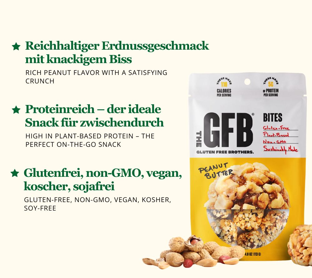 Variety Pack Bites von The Gluten Free Brothers – 6 Snackbags mit Coconut Cashew, Dark Chocolate Peanut Butter & Peanut Butter. Glutenfrei & vegan.