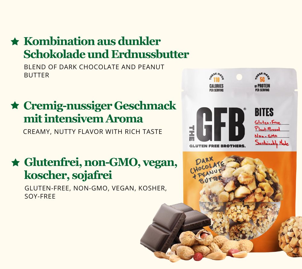 
                  
                    Variety Pack Bites von The Gluten Free Brothers – 6 Snackbags mit Coconut Cashew, Dark Chocolate Peanut Butter & Peanut Butter. Glutenfrei & vegan.
                  
                