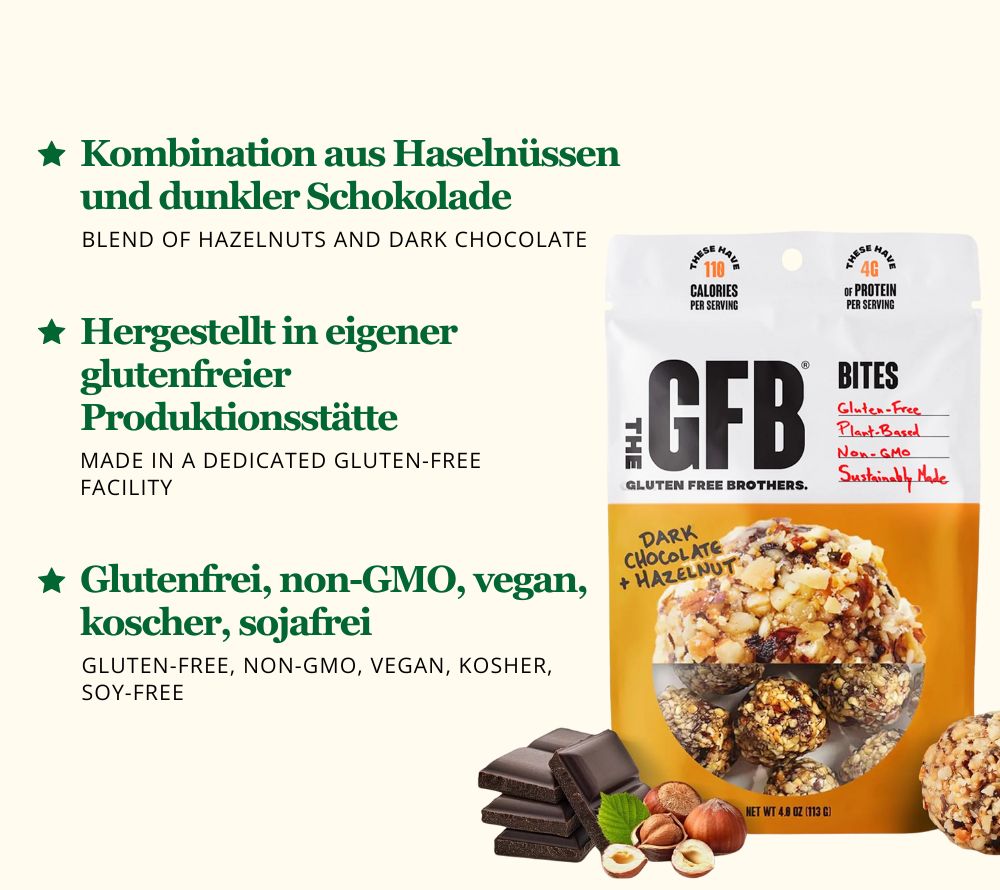 
                  
                    Dark Chocolate Hazelnut Bites von The Gluten Free Brothers bei American Heritage – vegan, glutenfrei & proteinreich. Luxuriös nussiger Schoko-Snack.
                  
                