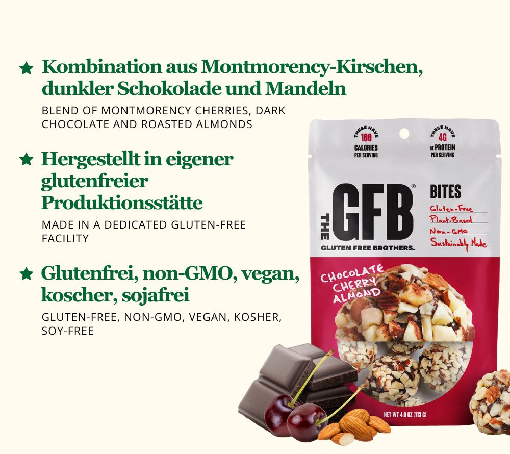 Chocolate Cherry Almond Bites von The Gluten Free Brothers bei American Heritage – vegan, glutenfrei & proteinreich. Fruchtig-nussiger Snackgenuss.