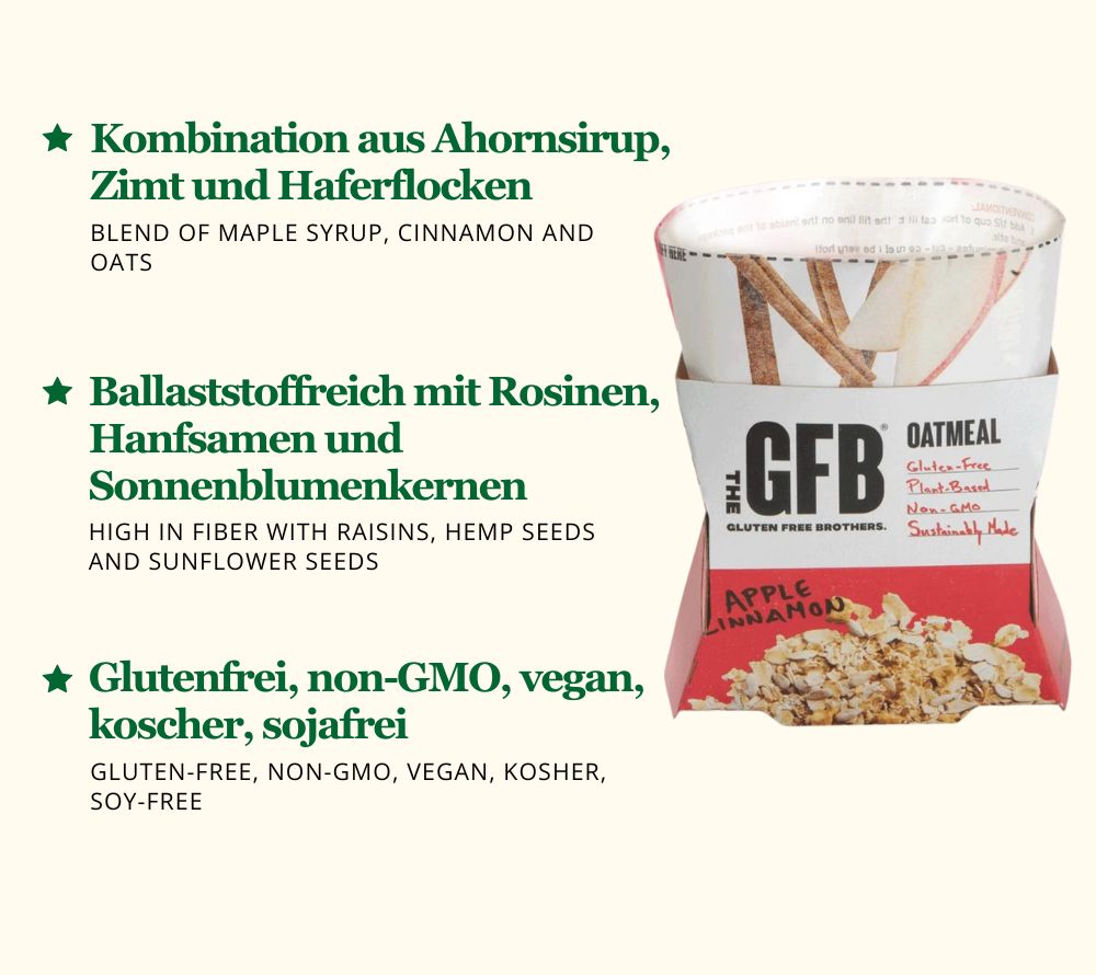 Apple Cinnamon Oatmeal von The Gluten Free Brothers bei American Heritage – vegan, proteinreich & glutenfrei. Klassischer Genuss neu definiert.