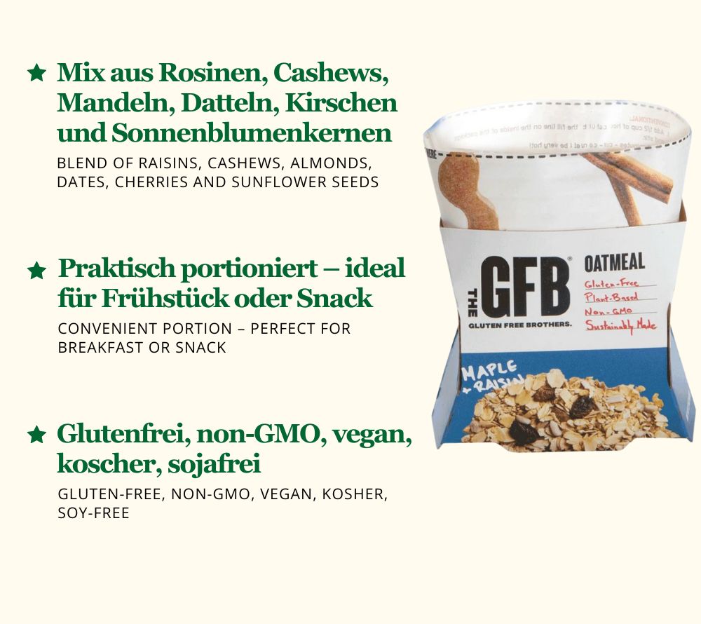 Maple Raisin Oatmeal von The Gluten Free Brothers bei American Heritage – vegan, proteinreich & glutenfrei. Herbstlicher Genuss mit Ahorn & Rosinen.