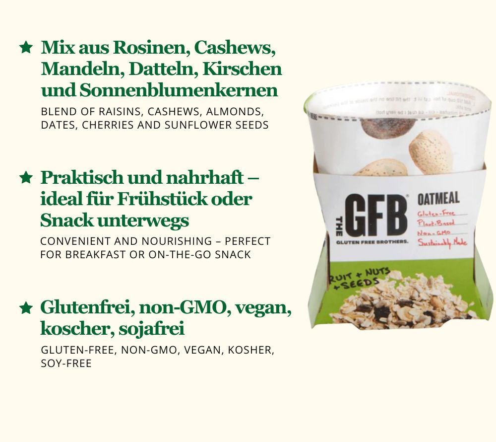 Fruit, Nuts & Seeds Oatmeal von The Gluten Free Brothers bei American Heritage – glutenfrei, vegan & proteinreich mit Hafer, Früchten & Nüssen.