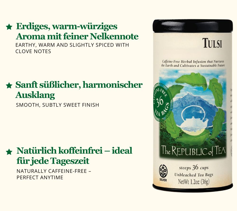 Tulsi Tea: Koffeinfreier Kräutertee mit adaptogenem Basilikum. Erdige, würzige Noten für Balance & Wohlbefinden – nachhaltig angebaut.