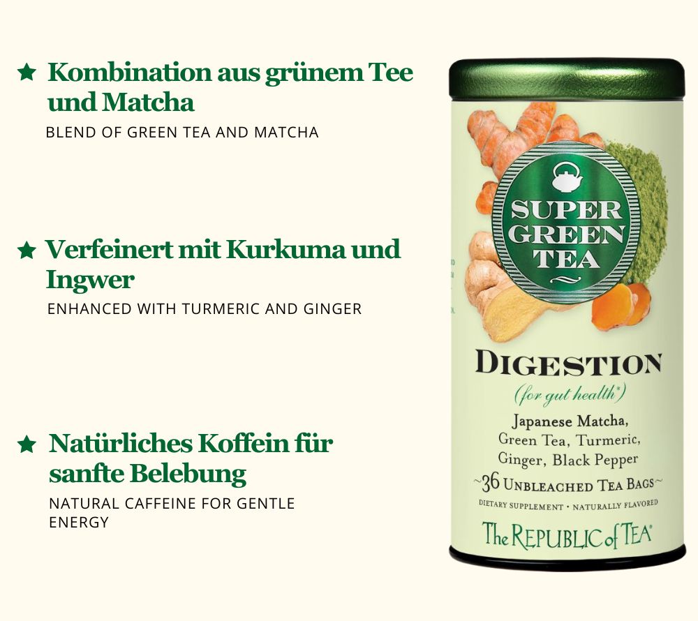 SuperGreen Tea mit Matcha, Kurkuma & Ingwer. Würzig, ausgewogen & leicht belebend – ideal heiß oder als erfrischender Eistee. Jetzt probieren!