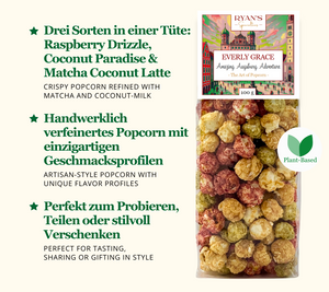 Popcorn mit Himbeer-, Matcha- und Kokosnussgeschmack ☆ Handwerklich verfeinertes Popcorn ☆ Ideal als Mitbringsel, zum Teilen & genießen ☆ Jetzt bestellen!