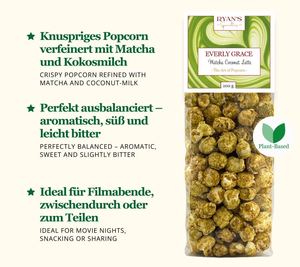 Matcha Coconut Latte Popcorn | Knuspriges Popcorn mit Matcha & Kokosnote | Perfekt für zwischendurch, zum Teilen oder Genießen | Jetzt bestellen & genießen!