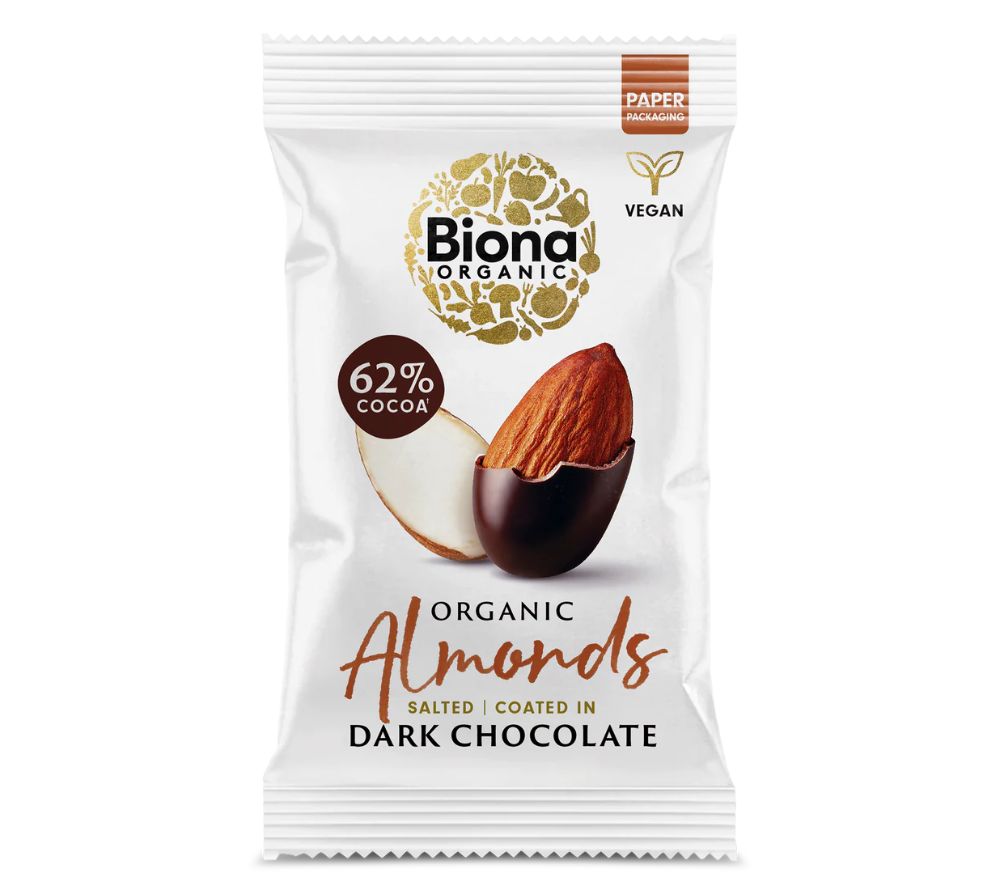 
                  
                    Biona Organic Dark Chocolate Coated Almonds – ofengeröstete Mandeln mit Meersalz, umhüllt von 62 % Fairtrade-Zartbitterschokolade. Palmölfrei, nachhaltig verpackt & ideal für genussvolle Momente.
                  
                