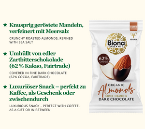 Biona Organic Dark Chocolate Coated Almonds – ofengeröstete Mandeln mit Meersalz, umhüllt von 62 % Fairtrade-Zartbitterschokolade. Palmölfrei, nachhaltig verpackt & ideal für genussvolle Momente.