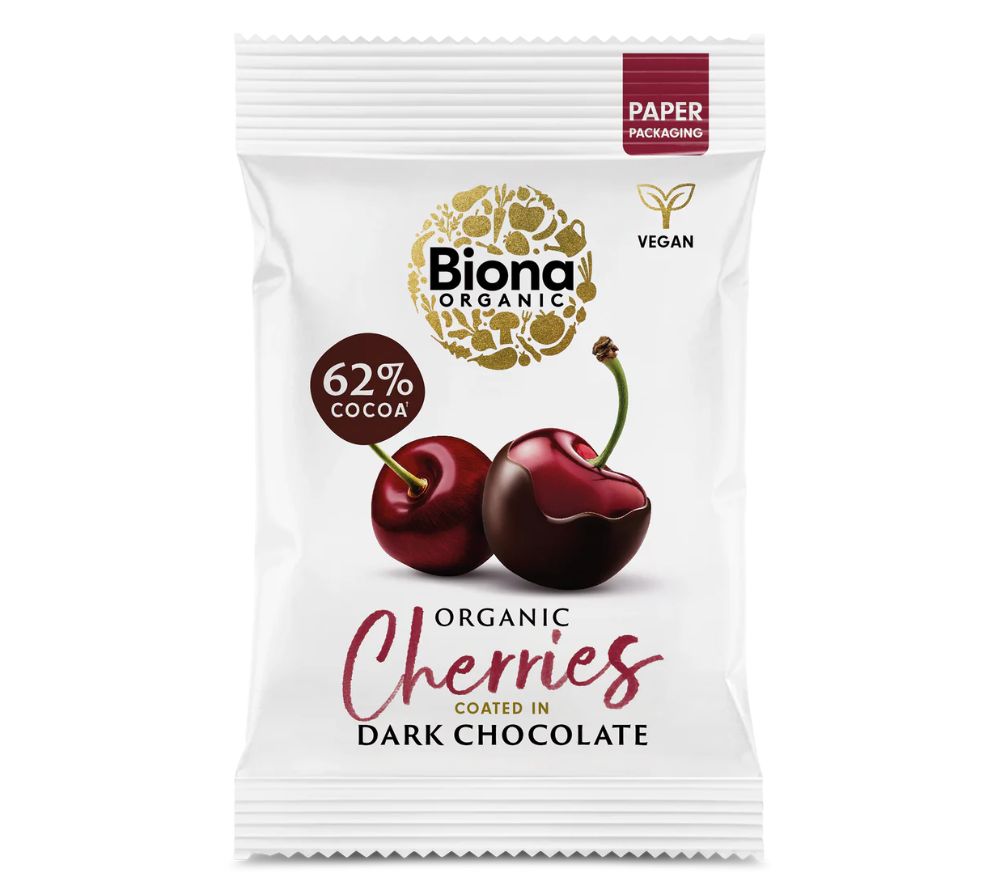 
                  
                    Biona Organic Dark Chocolate Coated Cherries – fruchtige Bio-Kirschen in 62 % Fairtrade-Zartbitterschokolade, vegan, palmölfrei und nachhaltig verpackt. Idealer Snack oder Geschenk.
                  
                
