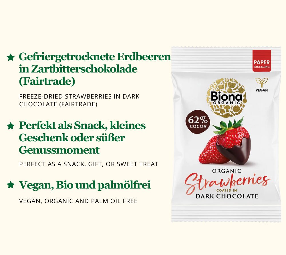 
                  
                    Biona Organic Dark Chocolate Coated Strawberries – gefriergetrocknete Bio-Erdbeeren in Fairtrade-Zartbitterschokolade, vegan, palmölfrei und nachhaltig verpackt. Idealer Snack oder Geschenk.
                  
                