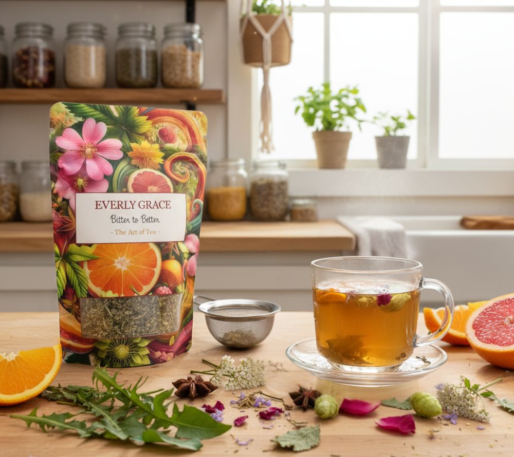 Entdecke Everly Grace Bitter to Better Tee – feine Kräutermischung mit Orange, Blüten & aromatischen Kräutern. Zart-bitter, wohltuend und perfekt für bewusste Auszeiten.
