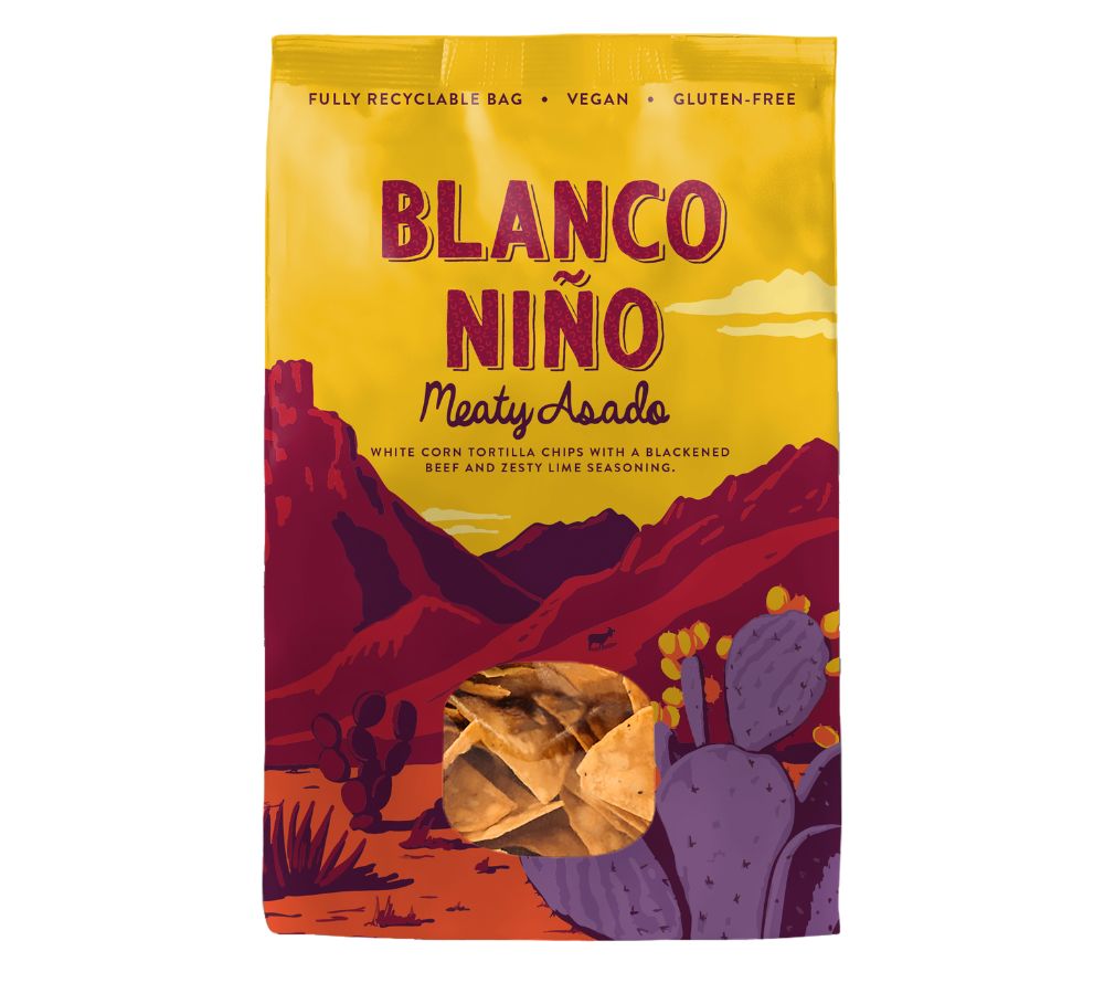 Meaty Asado Tortilla Chips von Blanco Niño – rauchig-würzige Tortilla Chips mit BBQ- und Limettennote, traditionell hergestellt aus regenerativ angebautem Mais.