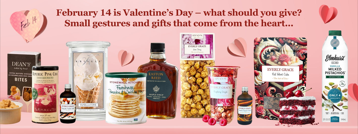 Valentinstags-Sortiment von American Heritage: Love Story Popcorn, Yumma Candy, Kringle Candles und Stonewall Kitchen Wellness-Geschenke