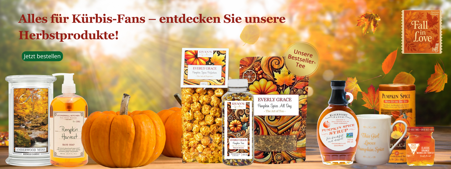 Entdecken Sie herbstliche Pumpkin-Produkte – von Pumpkin Spice Popcorn bis Bestseller-Tee bei American Heritage.