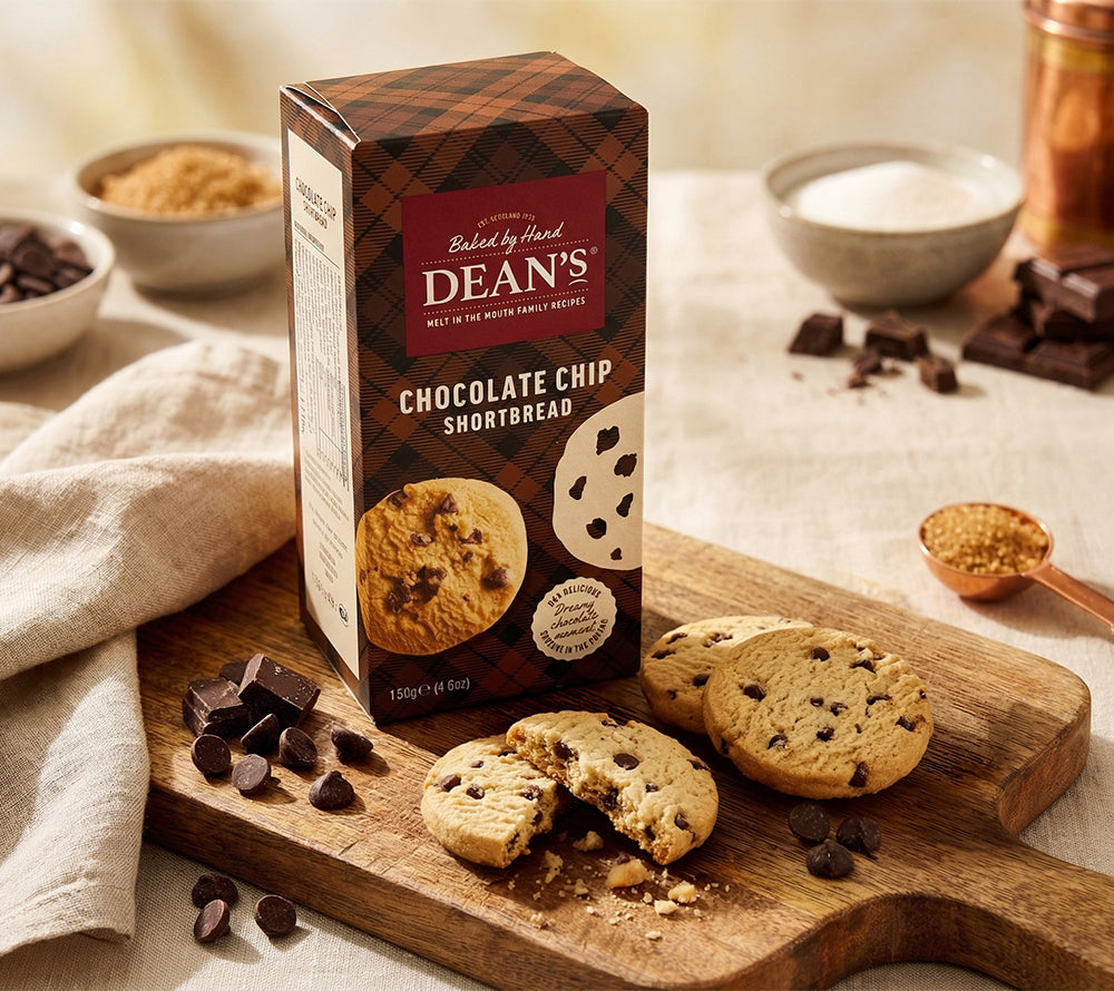 Gourmet‑Produktbild der Dean's Hand Baked Chocolate Chip Shortbread: Braune karierte Pappschachtel mit geöffneter Verpackung auf Schneidebrett, butterige Shortbread‑Kekse mit großen Schokoladen‑Chunks, Schokoladenstückchen, Zuckerschale, Mehlbeutel und Löffel daneben, weißes Tuch im Hintergrund.