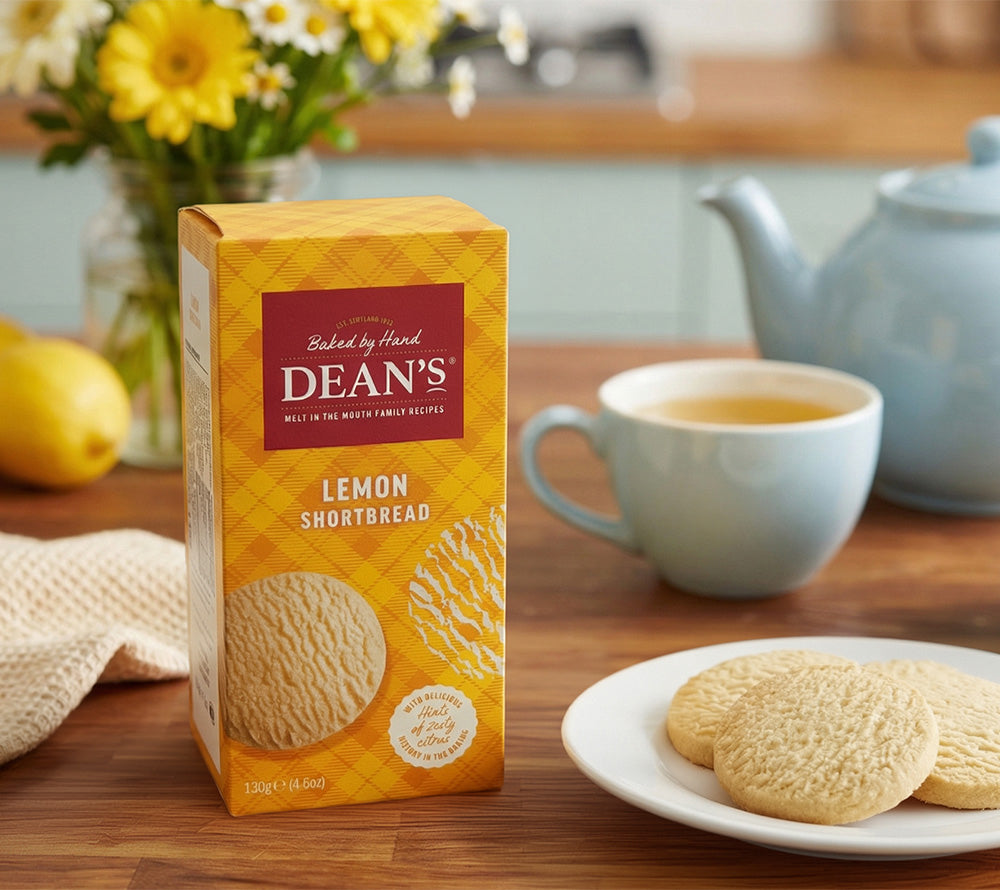 Dean's Lemon Shortbread mit Keksen auf Tisch mit Teetassen, Zitrone und Minze – lifestyle Teezeit‑Shot.