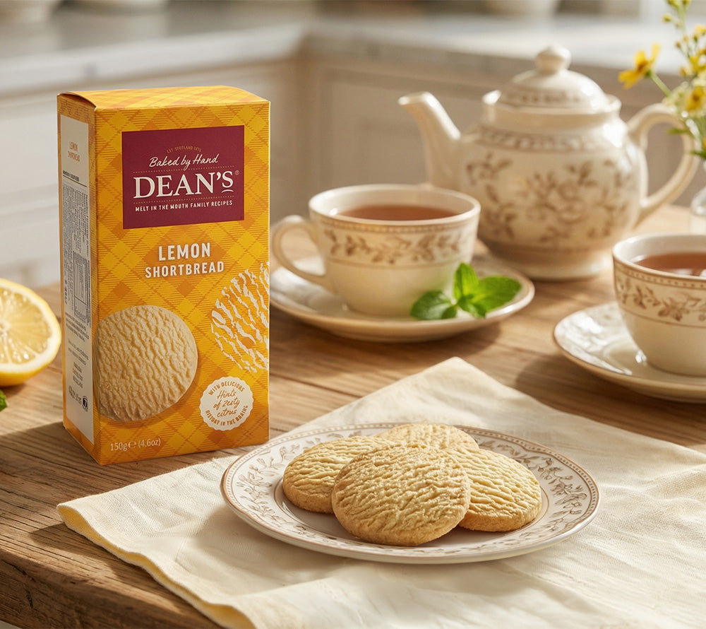 Dean's Lemon Shortbread Kekse auf Porzellanteller mit Tee, Zitronen und Blumen – gemütliches Tee‑Setting.