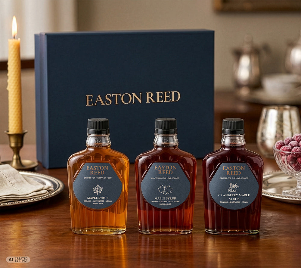 Drei Sorten Ahornsirup - Amber Rich, Dark Robust & Cranberry - im Geschenkkarton von Easton Reed