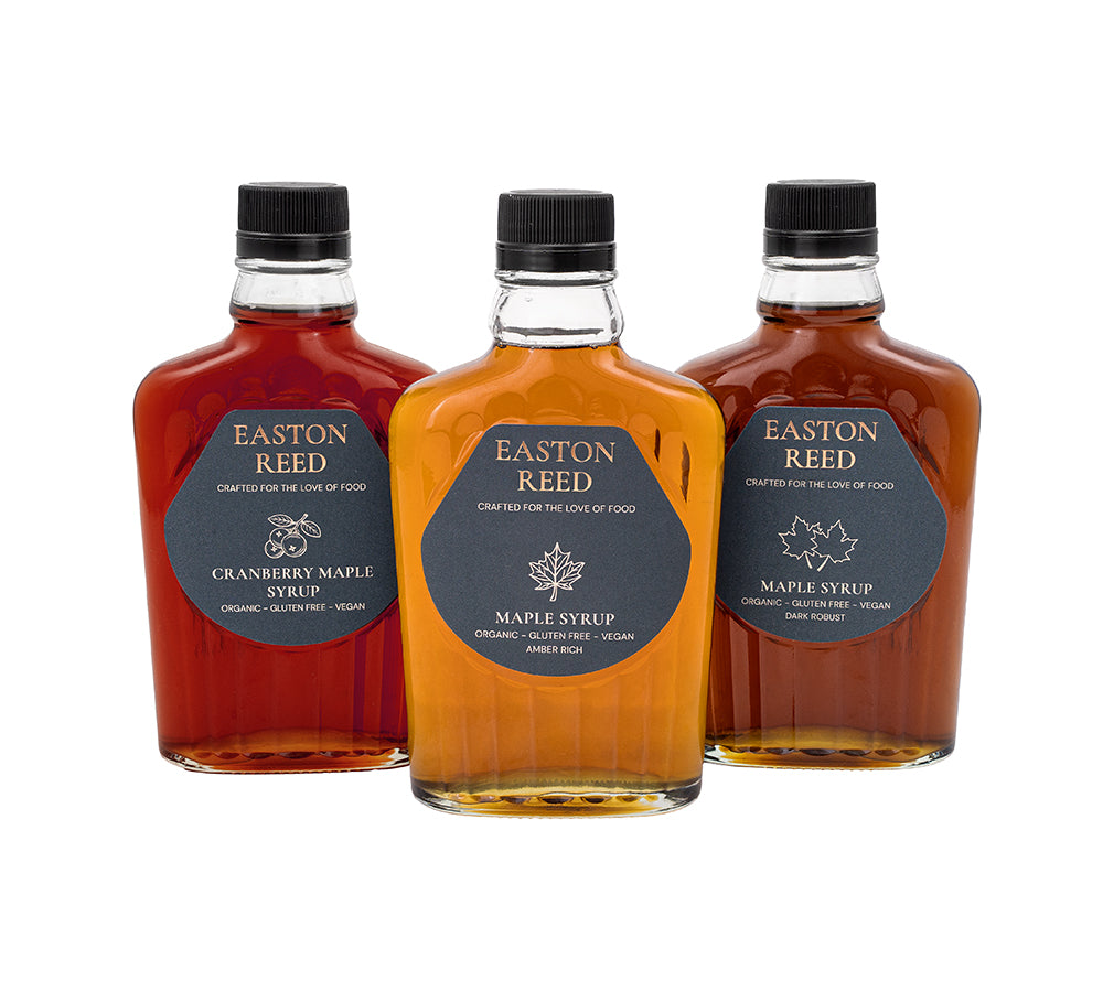 Bio-Ahornsirup Set in 3 Variationen von Easton Reed Drei besondere Sirupe von Easton Reed. Perfekt zum verschenken oder selber durchprobieren.