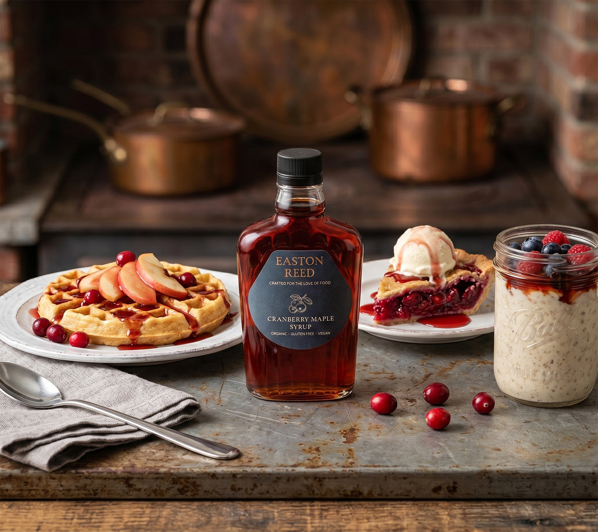 Bio-Cranberry Syrup von Easton Reed – feiner Ahornsirup veredelt mit Cranberries für Pancakes, Desserts, Drinks und kreative Gourmet-Rezepte.
