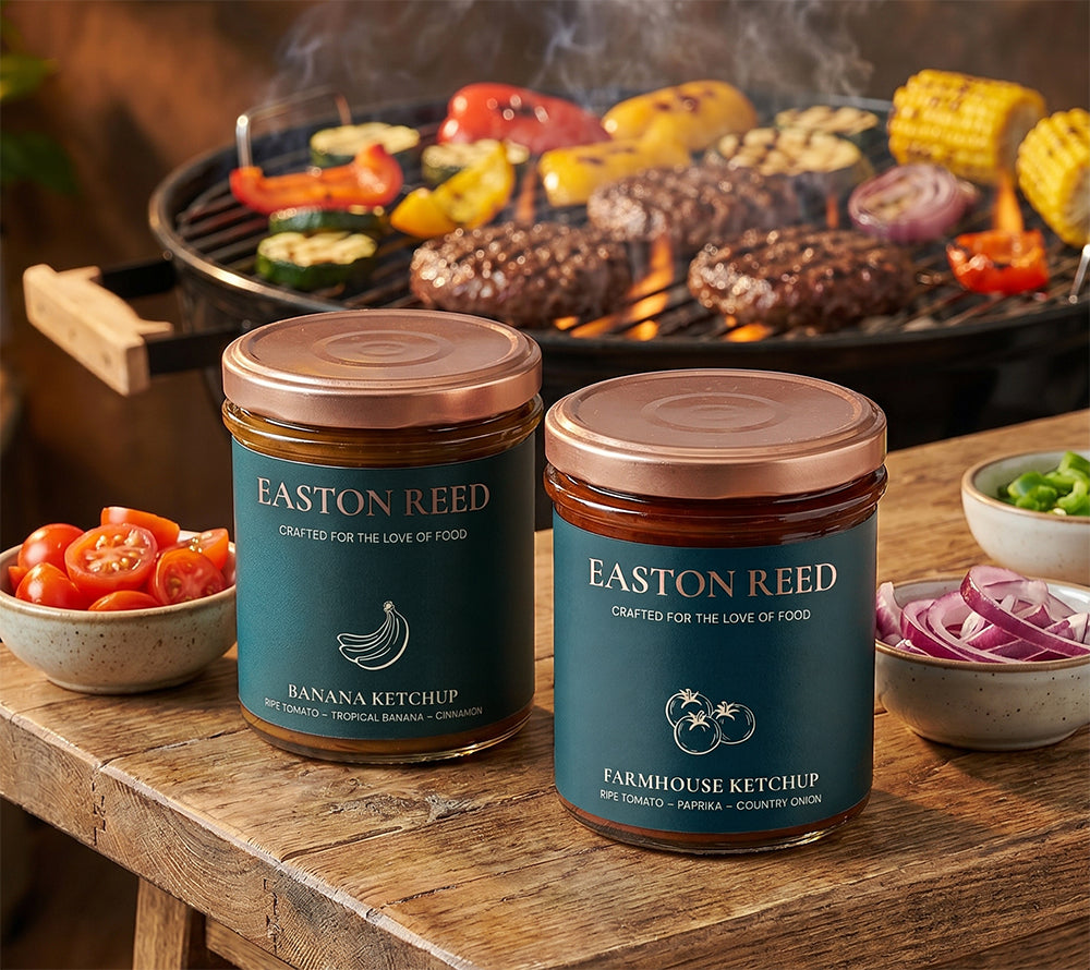 Easton Reed Gourmet-Ketchup: Banana Ketchup (Banane-Zimt) und Farmhouse Ketchup (Tomate-Paprika) in 500g Gläsern. Hochwertige Saucen für Burger, Tacos und Grillmaïs.