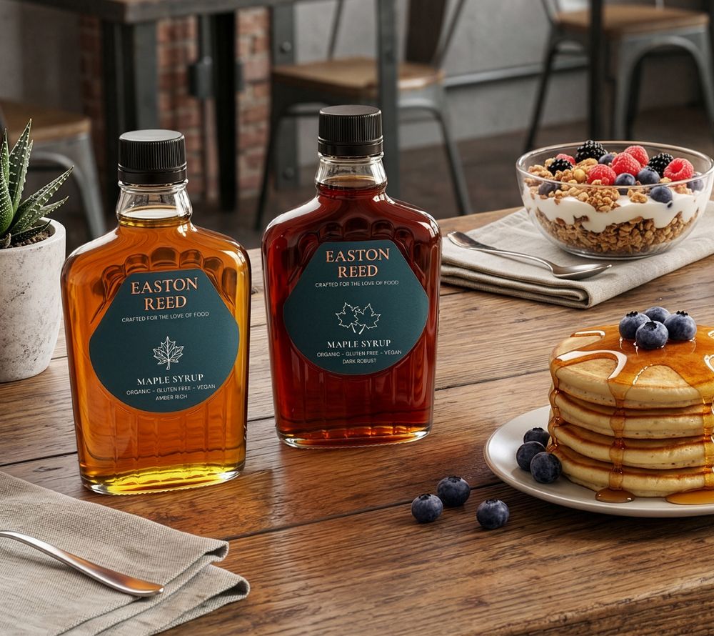 Bio-Ahornsirup Dark Robust Taste von Easton Reed – intensiver Maple Syrup mit kräftigem Aroma für Pancakes, Desserts, BBQ und kreative Rezepte.