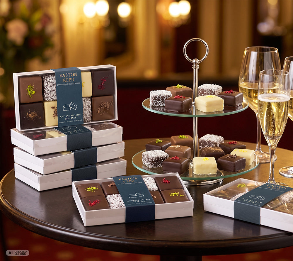 Easton Reed Mallow Pralines auf einem festlichen Tisch auf einer Etagere präsentiert