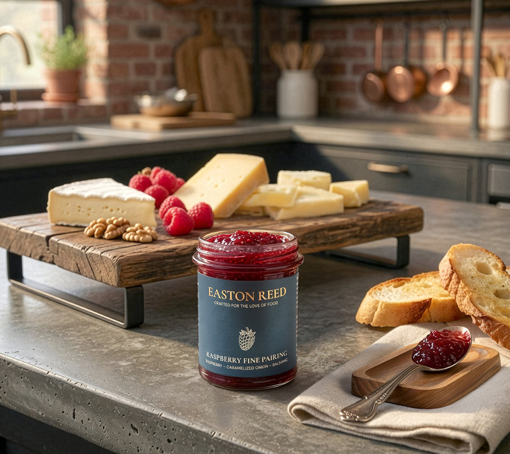 Raspberry Fine Pairing Himbeer Chutney mit karamellisierten Zwiebeln und Balsamico auf Käseplatte und Burger serviert.