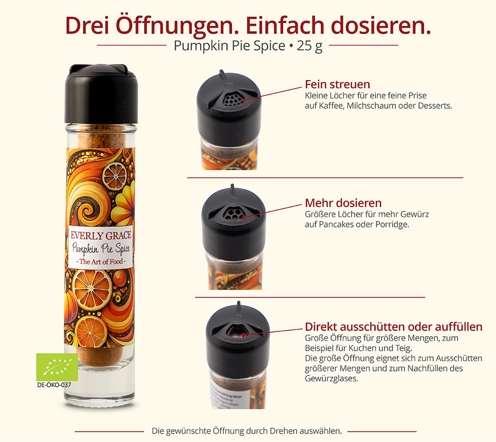 Pumpkin Pie Spice von Everly Grace - Erklärung mit welcher Öffnung man wie dosieren kann