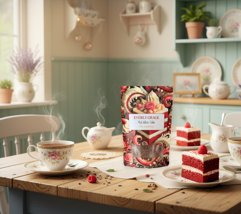 Bio Red Velvet Cake Tea von Everly Grace – samtiger Tee mit Kakao & warmen Gewürzen, inspiriert vom Waldorf Astoria Klassiker. Lose & ohne Aromen. Jetzt bestellen!